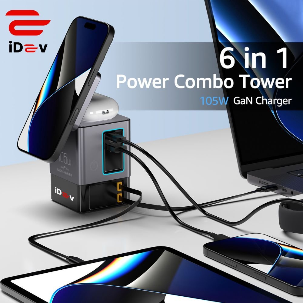 IDEV 6-in-1 Power Combo Tower 105W GaN Charger